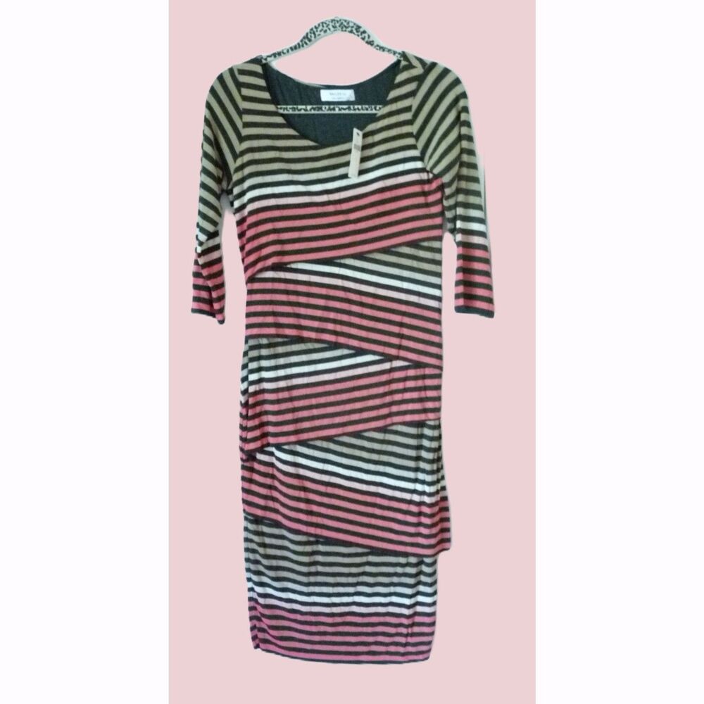 NWT Bailey 44 Graphic Stripe Layered Dress Draped Overlay Black Tan Pink L